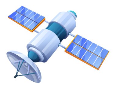 İletişim ve uzay araştırmaları için güneş panelleri olan yüksek teknolojili uydu. Vektör çizgi film illüstrasyonu
