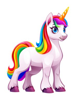 Yelesi ve kuyruğunda parlak gökkuşağı renkleri olan şirin tek boynuzlu at. Vektör çizgi film illüstrasyonu