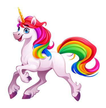 Renkli gökkuşağı yelesi ve enerjik duruşu olan oyuncu tek boynuzlu at. Vektör çizgi film illüstrasyonu