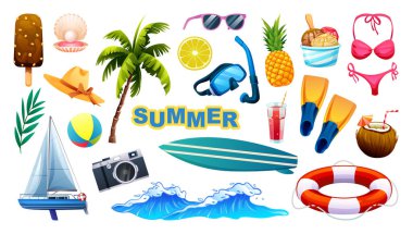 Yaz tatilinde dondurma, palmiye ağacı, kamera ve okyanus dalgalarıyla. Vektör çizgi film illüstrasyonu