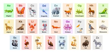 A 'dan Z' ye timsah, tilki ve bıldırcın gibi hayvanları olan çocuk eğitimi için şirin hayvan alfabesi. Vektör çizgi film illüstrasyonu