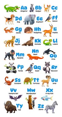 Çocuklar için şirin hayvan alfabesi. Her harfte timsah, fil, panda ve zebra gibi hayvanlar var. Vektör çizgi film illüstrasyonu