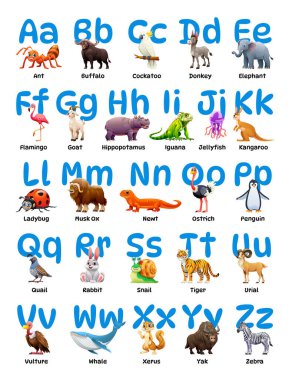 A 'dan Z' ye her harf için karınca, su aygırı ve salyangoz gibi hayvan alfabesi. Vektör çizgi film illüstrasyonu