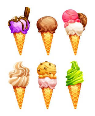 Farklı kepçeli, aromalı ve malzemeli dondurma külahları. Vektör çizgi film illüstrasyonu