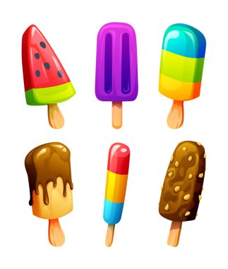 Gökkuşağında dondurma çubukları, karpuz ve çikolata aromalı eğlenceli tasarımlar. Vektör çizgi film illüstrasyonu
