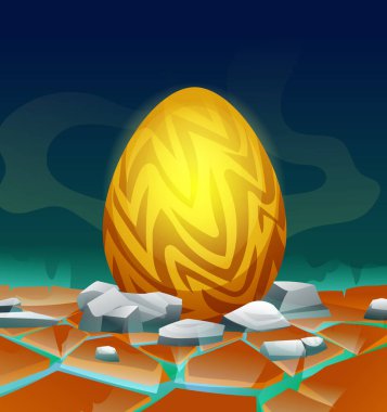 Altın ejderha yumurtası açısal desenli ve çatlak arazide parlak bir parıltı. Vektör çizgi film illüstrasyonu