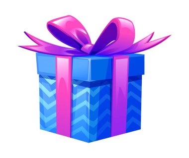 Mor yay ve zikzak desenli mavi hediye kutusu, canlı ve şenlikli. Vektör çizgi film illüstrasyonu