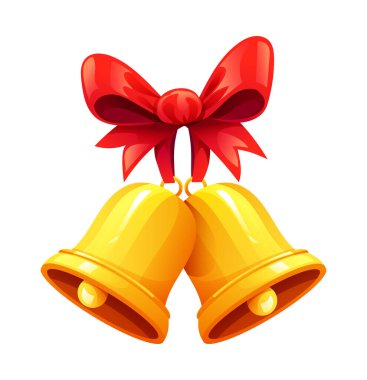 Kırmızı kurdeleli altın Noel çanları. Vektör çizgi film illüstrasyonu.