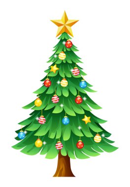 Christmas tree with star topper and colorful ornaments. Vector cartoon illustration