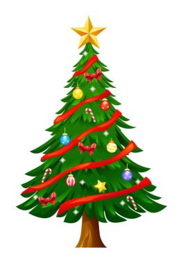 Kırmızı kurdeleler, renkli süsler ve baston şekerlerle süslenmiş Noel ağacı. Vektör çizgi film illüstrasyonu