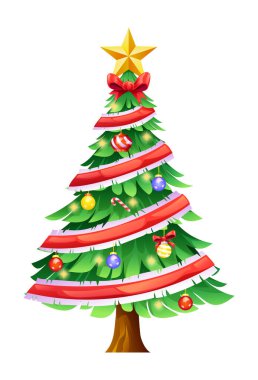 Christmas tree with red ribbons, star topper, and ornaments. Vector cartoon illustration