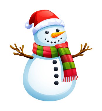 Cute snowman with Santa hat, scarf, and twig arms for Christmas season. Vector cartoon illustration