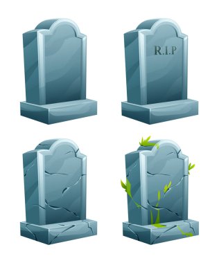 Mezar taşı vektör karikatür çizimi koleksiyonu. RIP mezar taşı beyaz arkaplanda izole edildi