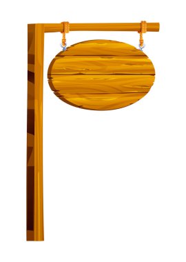 Oval şekilli ahşap tabela bir direğe halatla asılmış. Vektör çizgi film illüstrasyonu