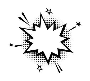 Yıldızlı ve yarım tonlu noktalı komik konuşma balonu patlaması. Vektör çizgi film illüstrasyonu