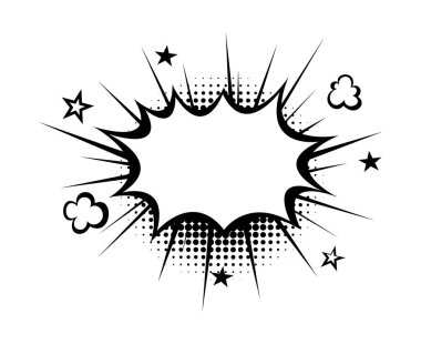 Siyah beyaz bulutlu ve yıldızlı çizgi roman patlaması. Vektör çizgi film illüstrasyonu