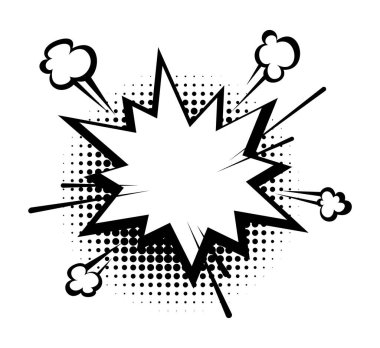 Duman bulutları ve yarım ton noktalı çizgi roman patlama balonu. Vektör çizgi film illüstrasyonu