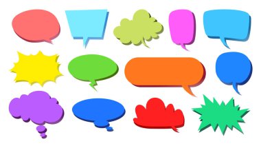 Çeşitli şekillerde renkli konuşma baloncukları koleksiyonu. Boş konuşma baloncuk mesajı, mesaj kutusu, sohbet kutusu. Vektör çizgi film illüstrasyonu