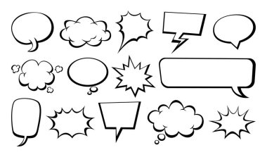 Çeşitli boş komik konuşma baloncukları ve düşünce bulutları koleksiyonu. Boş konuşma baloncuk mesajı, mesaj kutusu, sohbet kutusu. Vektör çizgi film illüstrasyonu