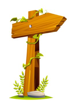 Tahta istikamet levhası üsteki sarmaşıkları ve tropikal bitkileri gösteriyor. Vektör çizgi film illüstrasyonu