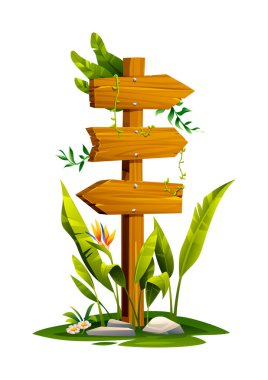 Etrafı yapraklar ve bitkilerle çevrili üç oklu ahşap işaret direği. Vektör çizgi film illüstrasyonu