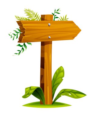 Tahta istikamet levhası sağ tarafı işaret ediyor. Tepeden tırnağa yapraklar ve bitkiler filizleniyor. Vektör çizgi film illüstrasyonu