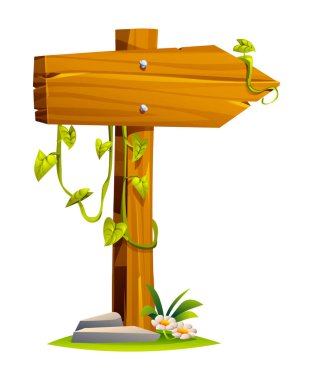 Tahta istikamet levhası sağ tarafı işaret ediyor. Üste asma asmaları ve taşlar var. Vektör çizgi film illüstrasyonu