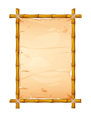 Üzerinde yıpranmış parşömen kağıdı ve gerçekçi detaylar olan dikdörtgen bambu çerçevesi. Pankart ve metin için mükemmel. Vektör çizgi film illüstrasyonu