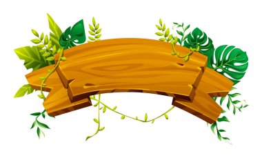 Canavarlar ve asma yapraklı tropik ahşap pankart yemyeşil bir sınır oluşturuyor. Vektör çizgi film illüstrasyonu