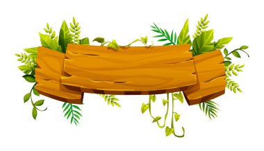 Yeşil yapraklar ve sarmaşıklarla süslenmiş ahşap bir pankart. Vektör çizgi film illüstrasyonu