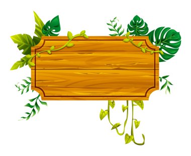 Tahta tahta tahta, tropikal yapraklar ve asma sarmaşıklar, dekorasyon için mükemmel. Vektör çizgi film illüstrasyonu