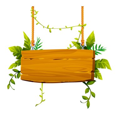 Halatlarla ve yeşil sarmaşıklarla süslenmiş tropikal yapraklarla kaplı ahşap bir tahta. Vektör çizgi film illüstrasyonu