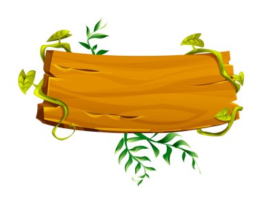 Asmalı ahşap tahta ve kenarlarında tropik yapraklar. Vektör çizgi film illüstrasyonu