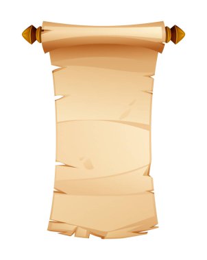 Eski parşömen tomarı, tahta çubuklar ve yazı veya dekorasyon amaçlı yırtık kenarlarla. Vektör çizgi film illüstrasyonu