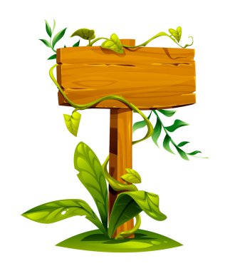 Asmalarla sarılı ve tropikal yapraklarla çevrili ahşap tabela. Vektör çizgi film illüstrasyonu