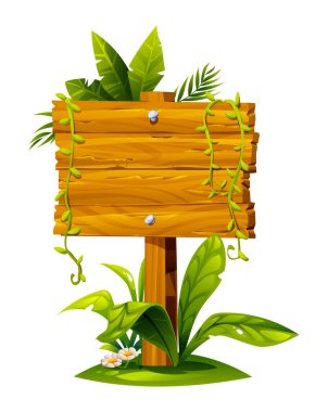 Yemyeşil sarmaşıkları ve yaprakları olan ahşap levhalar. Vektör çizgi film illüstrasyonu