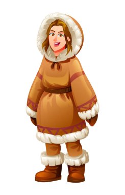 Eskimo woman in traditional fur outfit. Vector cartoon character illustration clipart