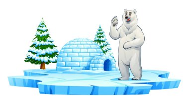 Kutup ayısı eskimo kulübesinde sallanıyor ve buzlu bir platformda çam ağaçları karla kaplanıyor. Vektör çizgi film illüstrasyonu