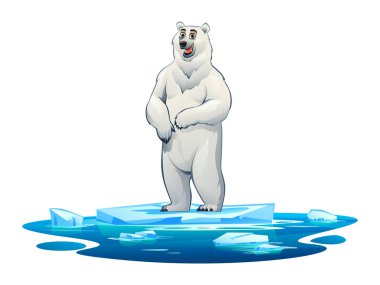 Suyla çevrili yüzen bir buz platformunda duran kutup ayısı. Vektör çizgi film illüstrasyonu