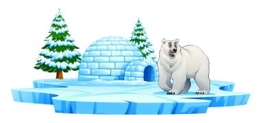 Kutup ayısı bir eskimo evinin yanında yürüyor ve buzlu bir platformda çam ağaçları karla kaplı. Vektör çizgi film illüstrasyonu