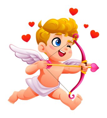 Aşk ateşiyle çevrili bir kalp okuna göz kırpan aşk tanrısı. Vektör çizgi film illüstrasyonu