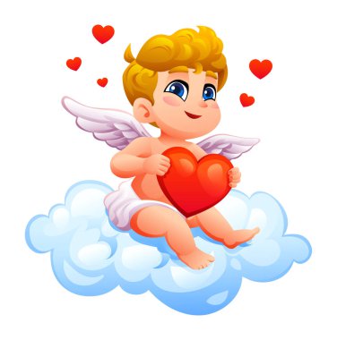 Sevimli aşk tanrısı, sevgi dolu kalplerle çevrili yumuşak bir bulutun üzerinde kırmızı bir kalp tutuyor. Vektör çizgi film illüstrasyonu