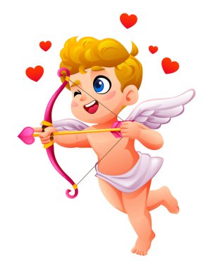 Aşk tanrısı göz kırparak uçarken aşk kalbiyle çevrili bir kalp okuna nişan alıyor. Vektör çizgi film illüstrasyonu