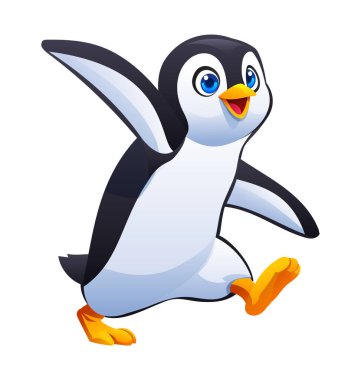 Neşeli yüzlü neşeli bir penguen. Vektör çizgi film karakteri çizimi