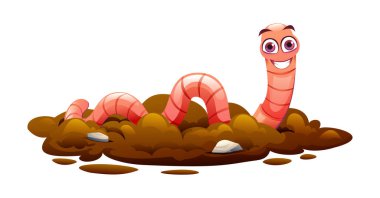 Küçük kayalarla toprakta sürünen sevimli solucanlar, neşeli ve hayat dolu. Vektör çizgi film illüstrasyonu