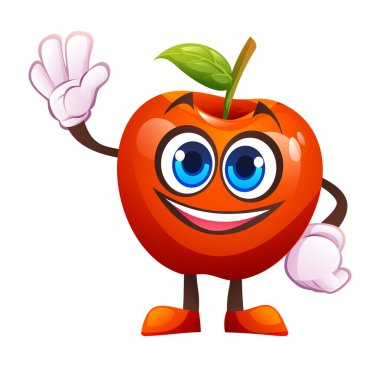 Neşeli kırmızı elma karakteri el sallıyor. Vektör çizgi film illüstrasyonu