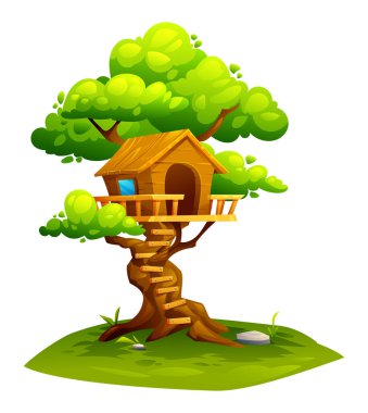 Sarmal ahşap merdivenli büyüleyici bir ağaç ev. Ağaçta ev, çocuk parkı. Vektör çizgi film illüstrasyonu