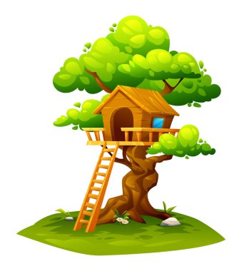 Merdiveni olan ahşap ağaç ev. Ağaçta ev, çocuk parkı. Vektör çizgi film illüstrasyonu