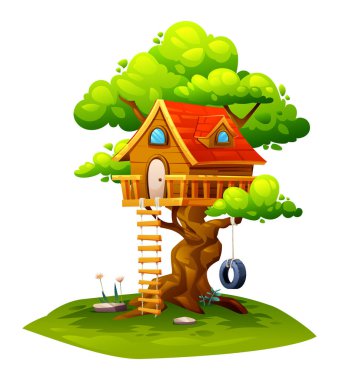 Lastik salıncaklı ahşap ağaç ev, kırsal merdiven. Ağaçta ev, çocuk parkı. Vektör çizgi film illüstrasyonu