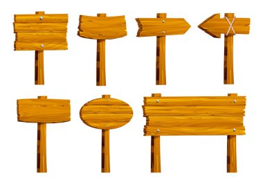 Çeşitli şekillerde ahşap tahtalar ve kırsal tasarımlar. Vektör çizgi film illüstrasyonu